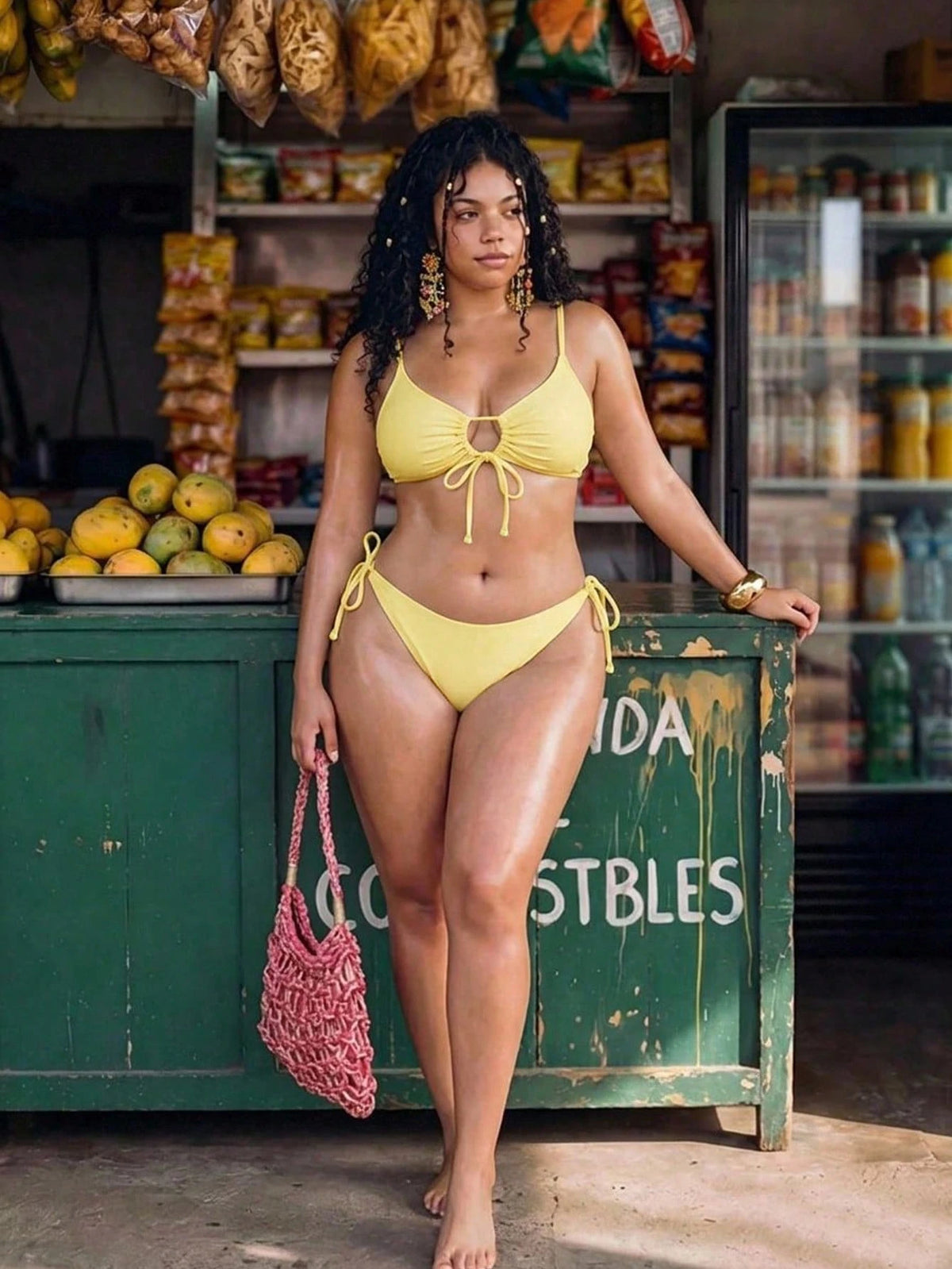 Swim Mod Plus Size Women Floral Print 2pcs Spaghetti Strap Tie Front Triangle Bikini Swimwear