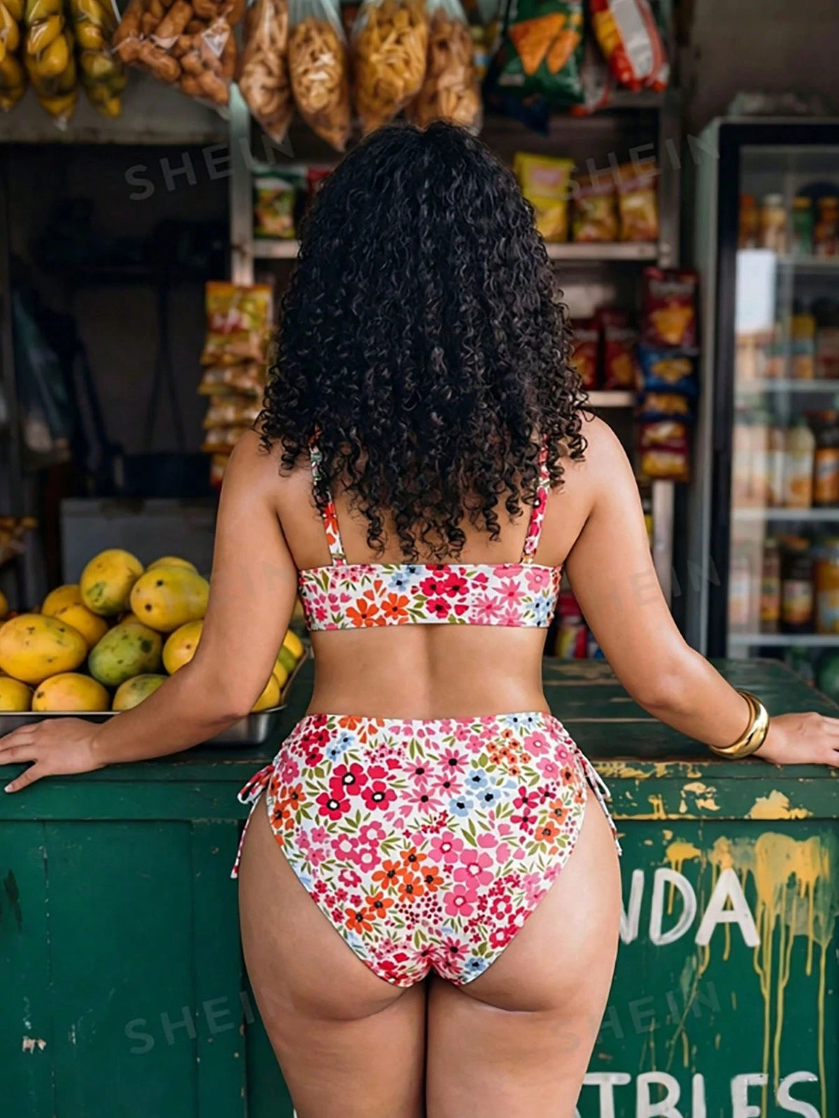 Swim Mod Plus Size Women Floral Print 2pcs Spaghetti Strap Tie Front Triangle Bikini Swimwear