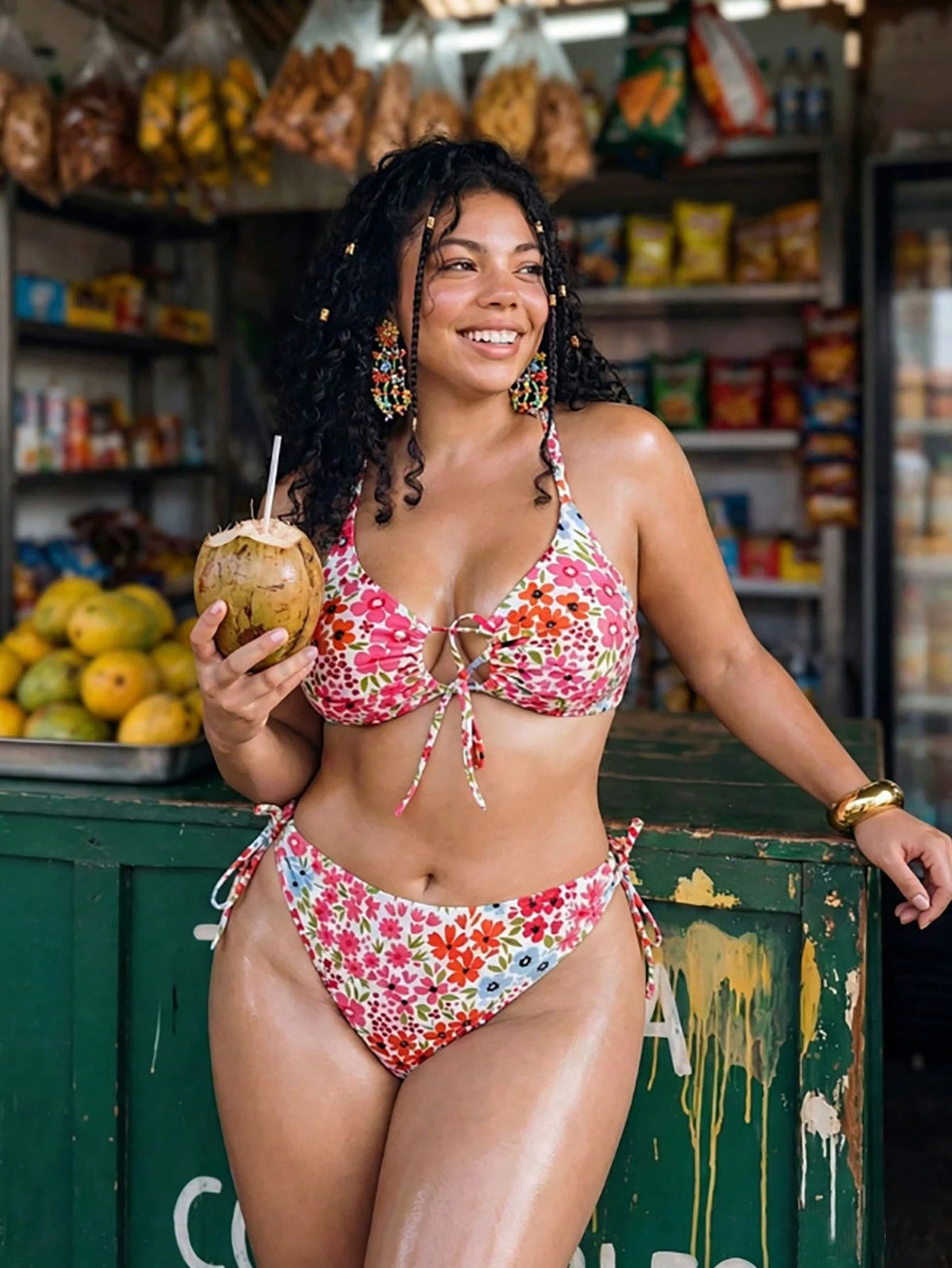 Swim Mod Plus Size Women Floral Print 2pcs Spaghetti Strap Tie Front Triangle Bikini Swimwear