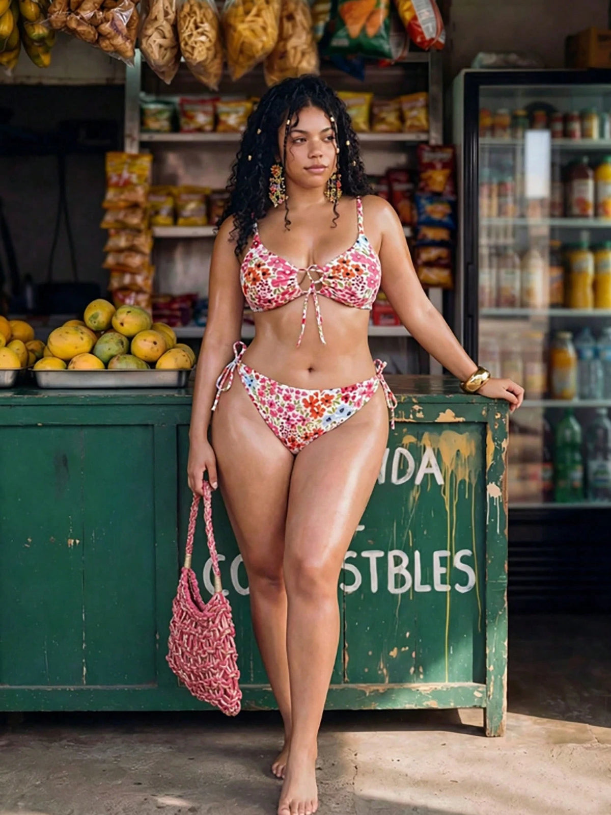 Swim Mod Plus Size Women Floral Print 2pcs Spaghetti Strap Tie Front Triangle Bikini Swimwear