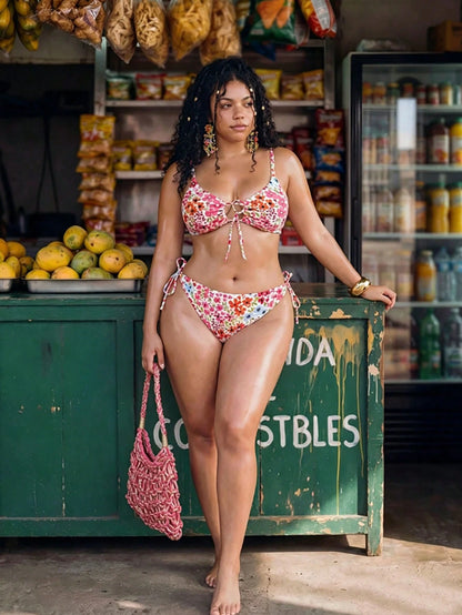 Swim Mod Plus Size Women Floral Print 2pcs Spaghetti Strap Tie Front Triangle Bikini Swimwear