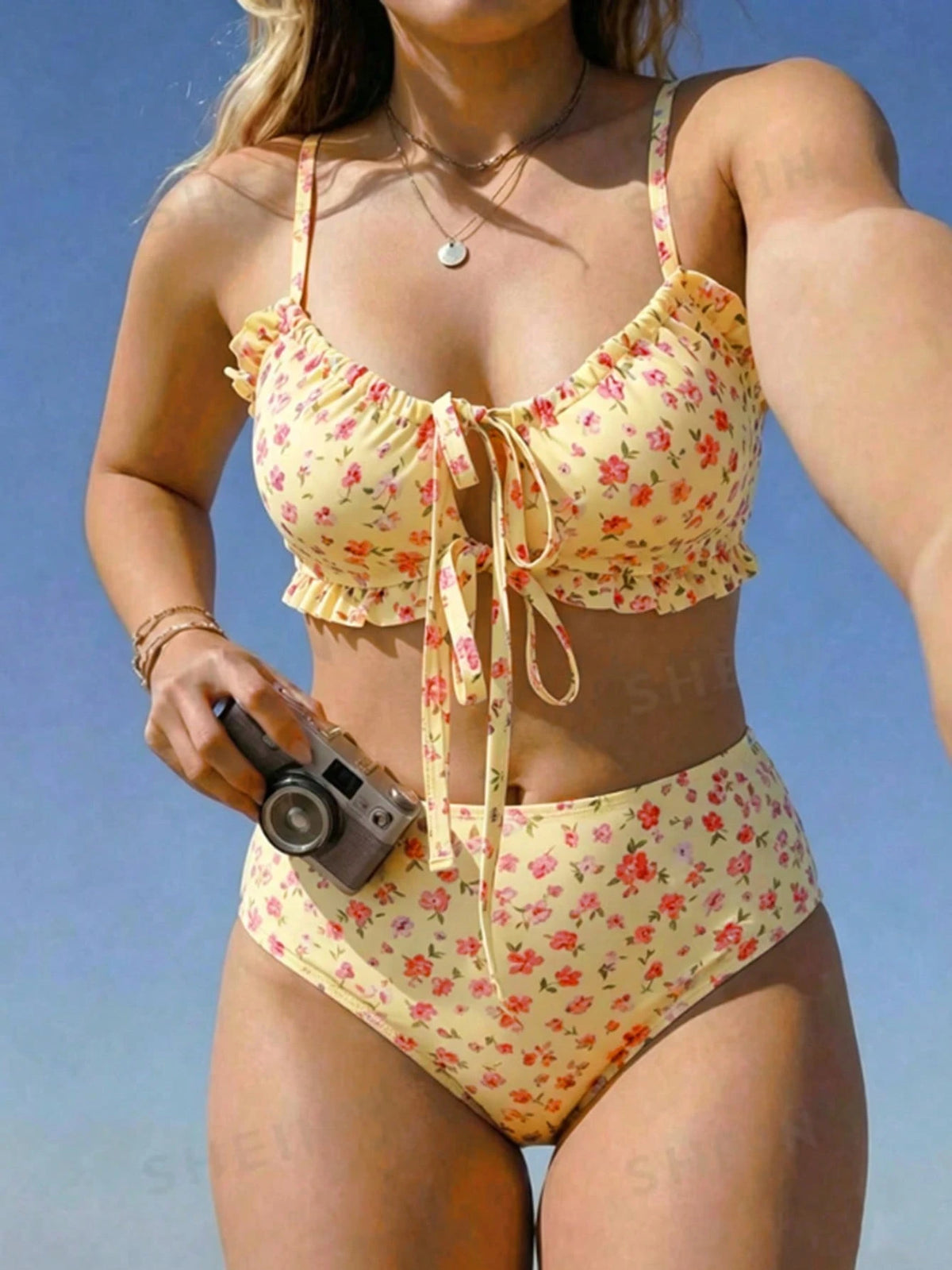 Swim Mod Plus Size Women's 2026 New Floral Print Halter Tie Front Bikini Set Set, Suitable For Beach Vacation, Spring/Summer