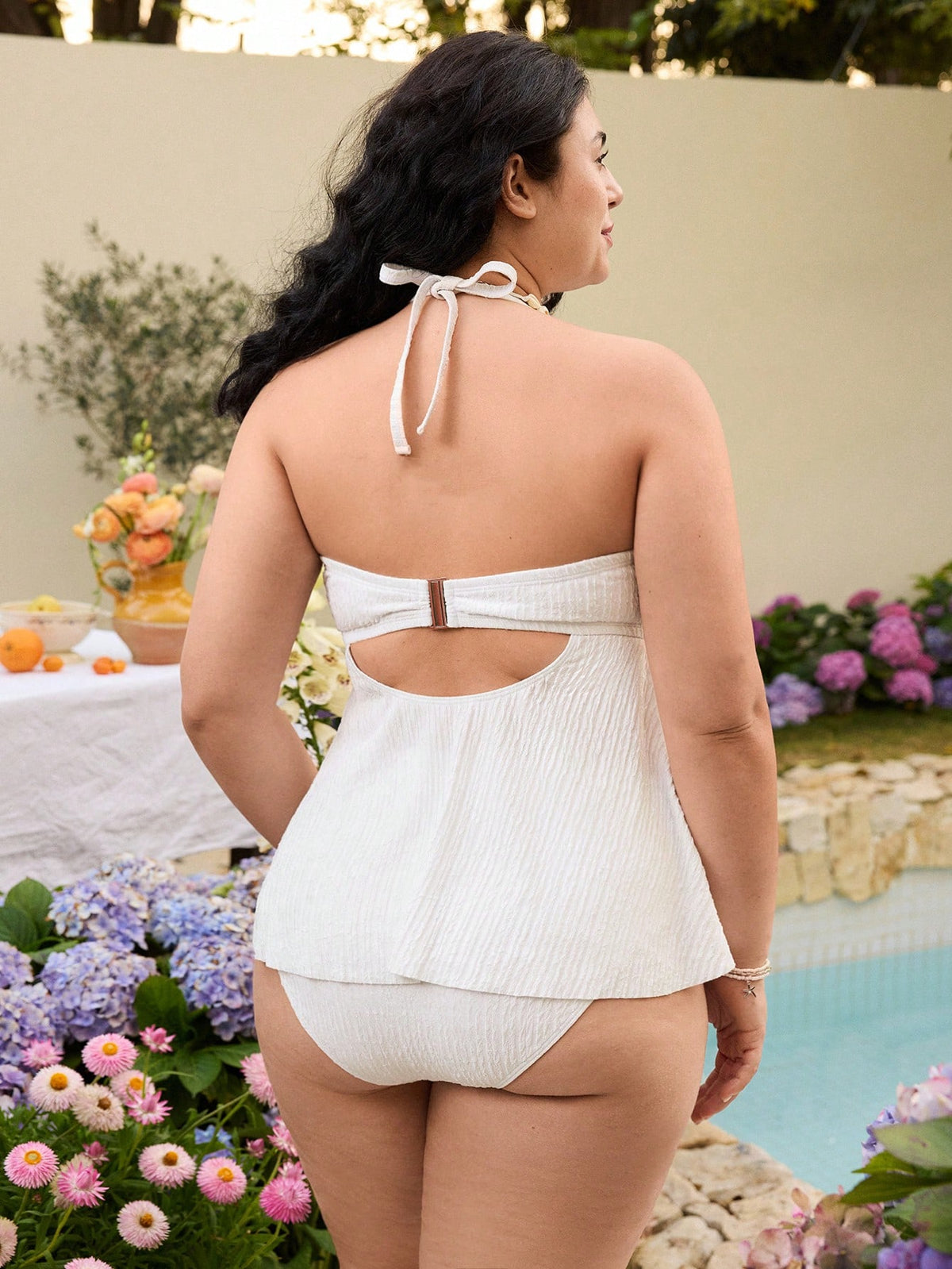Swim Mod Plus Size Women's Halter Neck Shell Chain Ruffle Hem Top With Regular Triangle Bottom Sexy Minimalist Swimwear For Beach & Pool