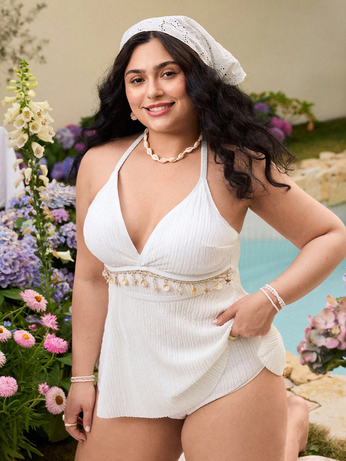 Swim Mod Plus Size Women's Halter Neck Shell Chain Ruffle Hem Top With Regular Triangle Bottom Sexy Minimalist Swimwear For Beach & Pool