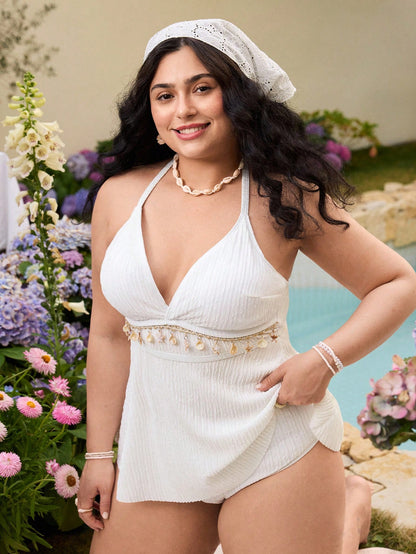 Swim Mod Plus Size Women's Halter Neck Shell Chain Ruffle Hem Top With Regular Triangle Bottom Sexy Minimalist Swimwear For Beach & Pool
