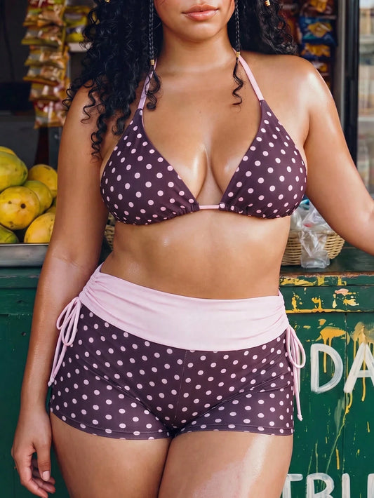 Swim Mod Plus Size Women's Summer Beach Polka Dot Halter Neck Tie Sexy Bikini And Triangle Bottoms Two-Piece Swimsuit Set With Shorts
