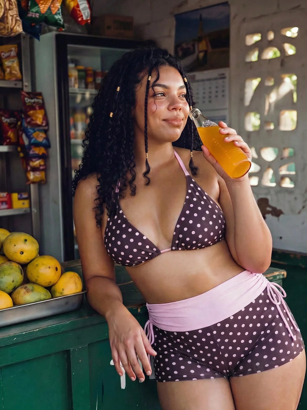 Swim Mod Plus Size Women's Summer Beach Polka Dot Halter Neck Tie Sexy Bikini And Triangle Bottoms Two-Piece Swimsuit Set With Shorts