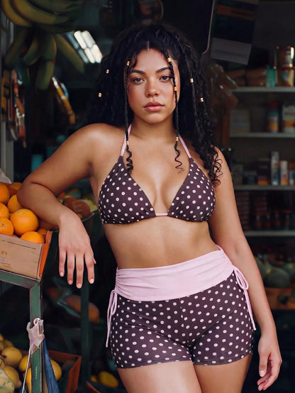 Swim Mod Plus Size Women's Summer Beach Polka Dot Halter Neck Tie Sexy Bikini And Triangle Bottoms Two-Piece Swimsuit Set With Shorts