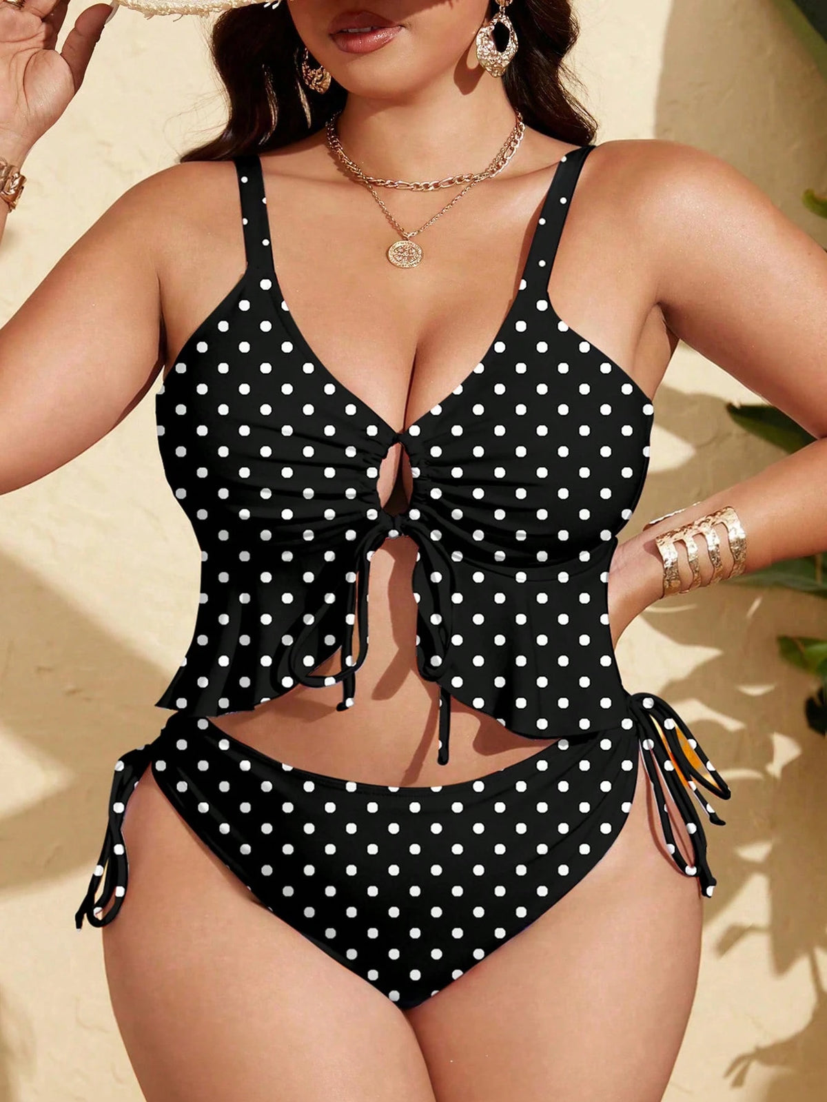 Swim Mod Plus Size Women's White Bottom Floral Ruffle Bust Tie Front Pants Side Drawstring Two Pieces Swimsuit Beach Gym Tropical Summer Flapper 1920s Sexy