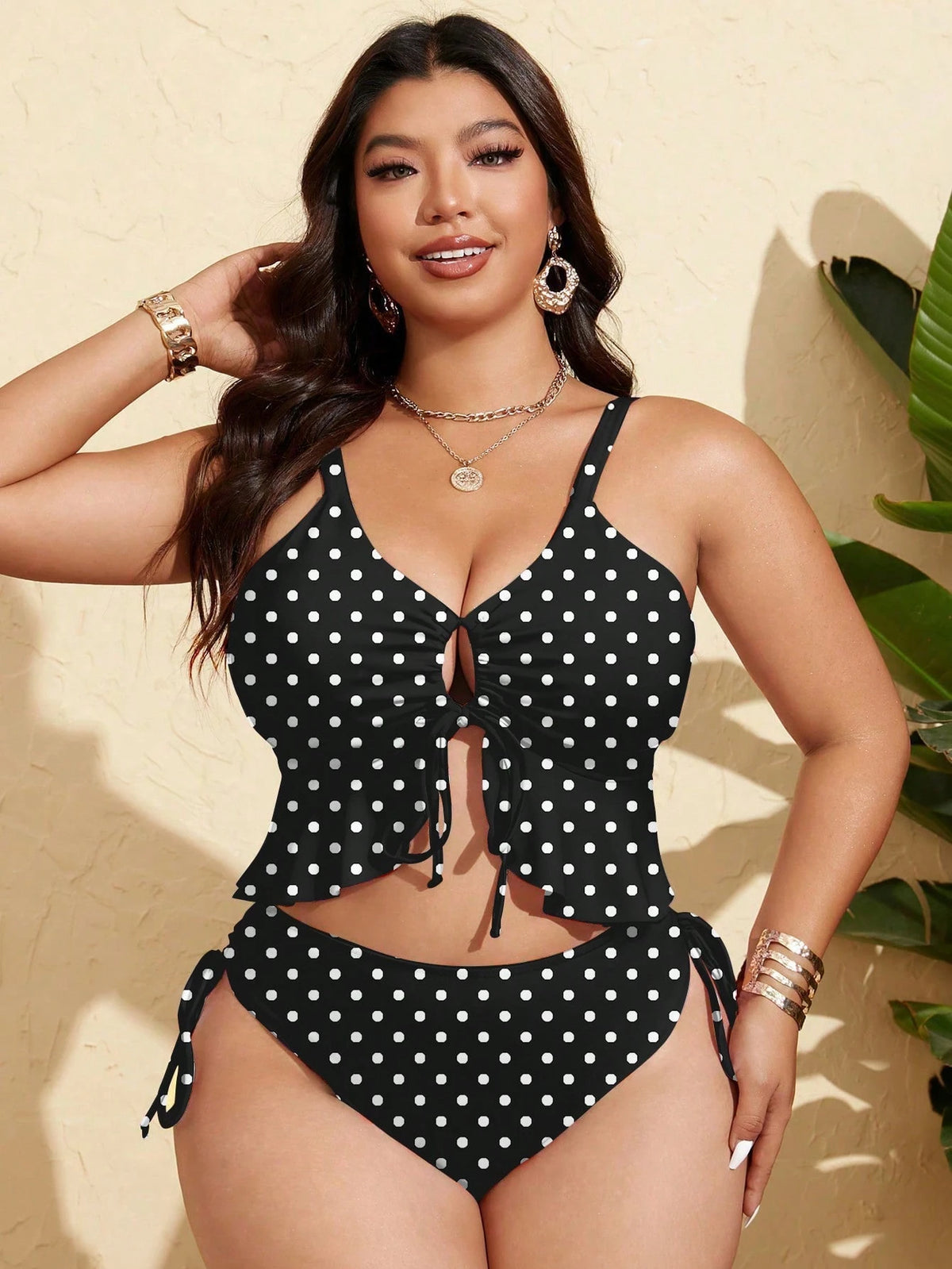 Swim Mod Plus Size Women's White Bottom Floral Ruffle Bust Tie Front Pants Side Drawstring Two Pieces Swimsuit Beach Gym Tropical Summer Flapper 1920s Sexy