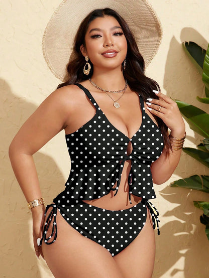 Swim Mod Plus Size Women's White Bottom Floral Ruffle Bust Tie Front Pants Side Drawstring Two Pieces Swimsuit Beach Gym Tropical Summer Flapper 1920s Sexy