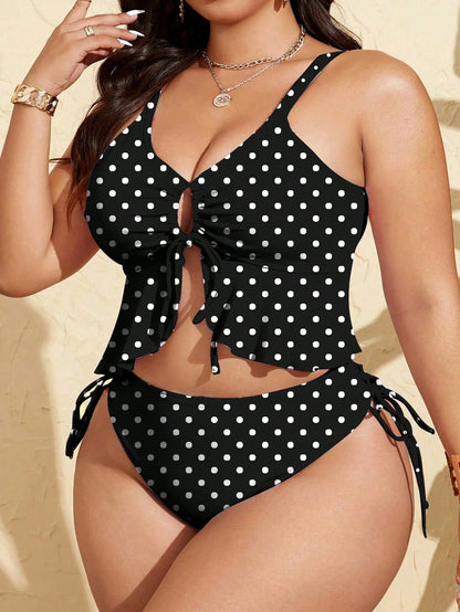 Swim Mod Plus Size Women's White Bottom Floral Ruffle Bust Tie Front Pants Side Drawstring Two Pieces Swimsuit Beach Gym Tropical Summer Flapper 1920s Sexy
