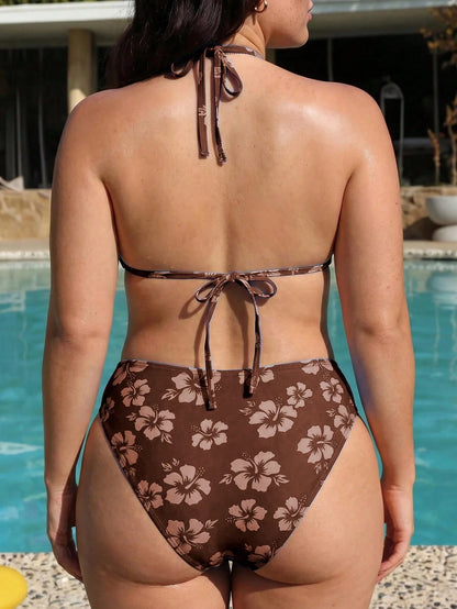 Swim Mod Plus Size Women Summer Beach Floral Print Halter Tie Sexy Bikini Swimwear Set