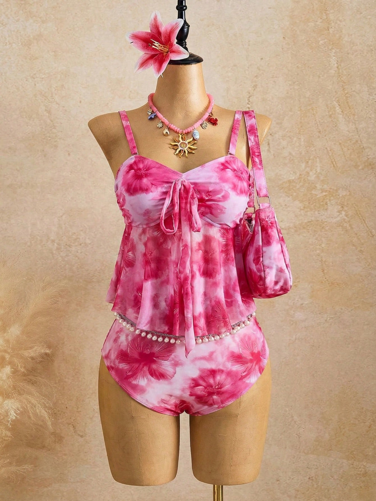 Swim Mod Plus Size Women Summer Beach Floral Print Knotted Front Tankini Swimwear Set