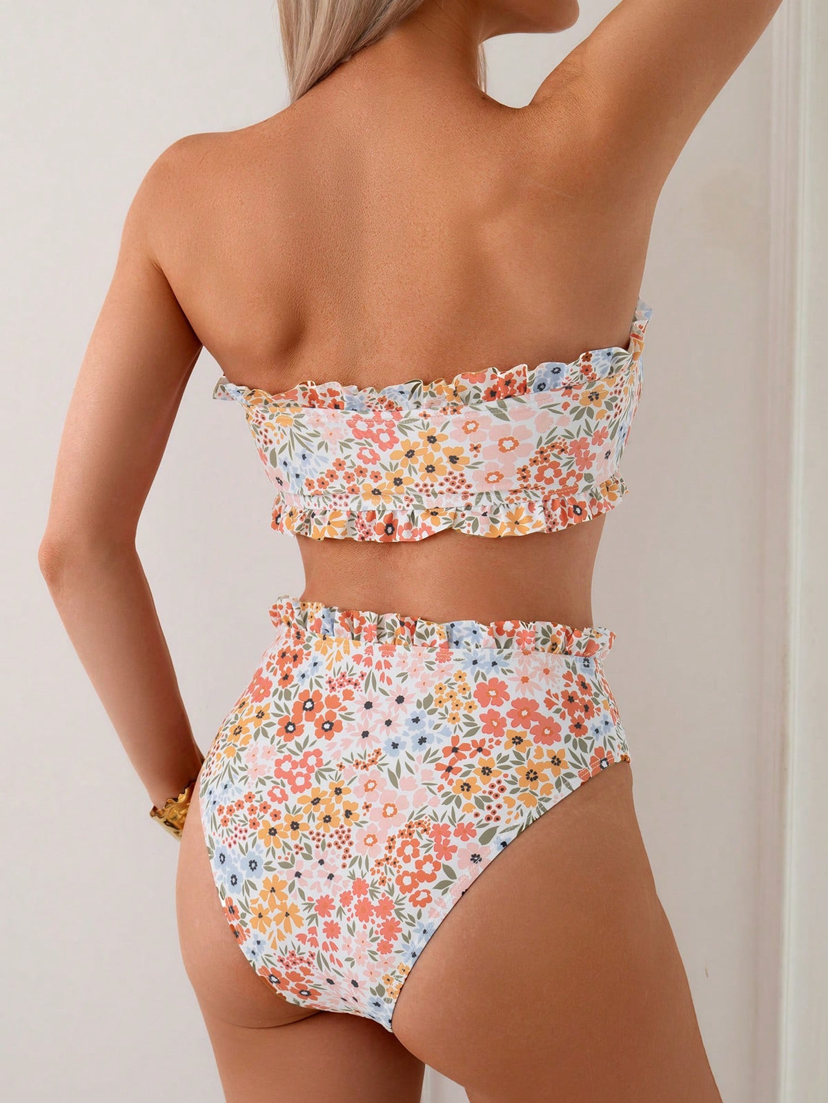 Swim Mod Spring Summer Beach Pool Party Ditsy Floral Knotted Front Frill Trim Bandeau Bikini 2 Pieces Set White And Blue Floral Tropical Cute