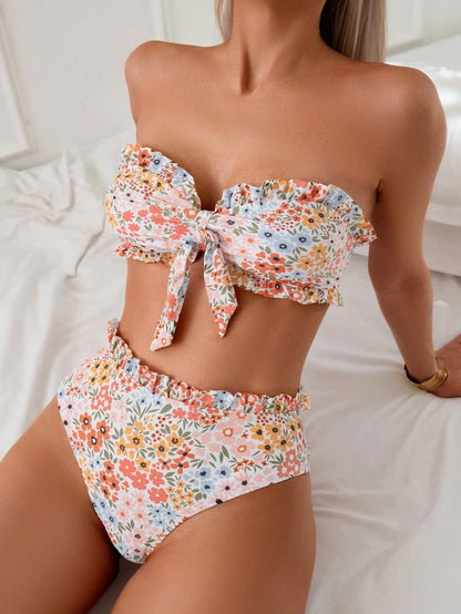 Swim Mod Spring Summer Beach Pool Party Ditsy Floral Knotted Front Frill Trim Bandeau Bikini 2 Pieces Set White And Blue Floral Tropical Cute