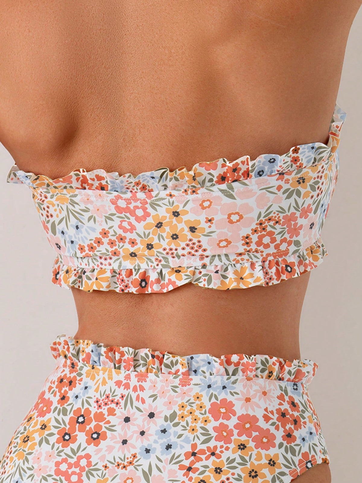 Swim Mod Spring Summer Beach Pool Party Ditsy Floral Knotted Front Frill Trim Bandeau Bikini 2 Pieces Set White And Blue Floral Tropical Cute