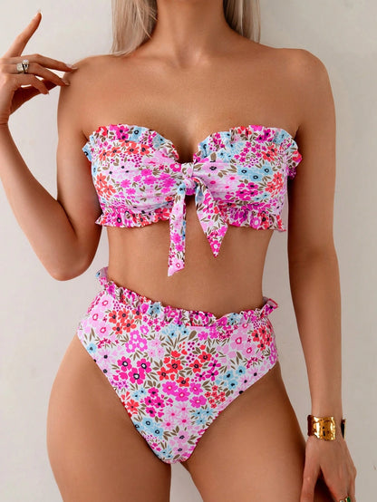 Swim Mod Spring Summer Beach Pool Party Ditsy Floral Knotted Front Frill Trim Bandeau Bikini 2 Pieces Set White And Blue Floral Tropical Cute