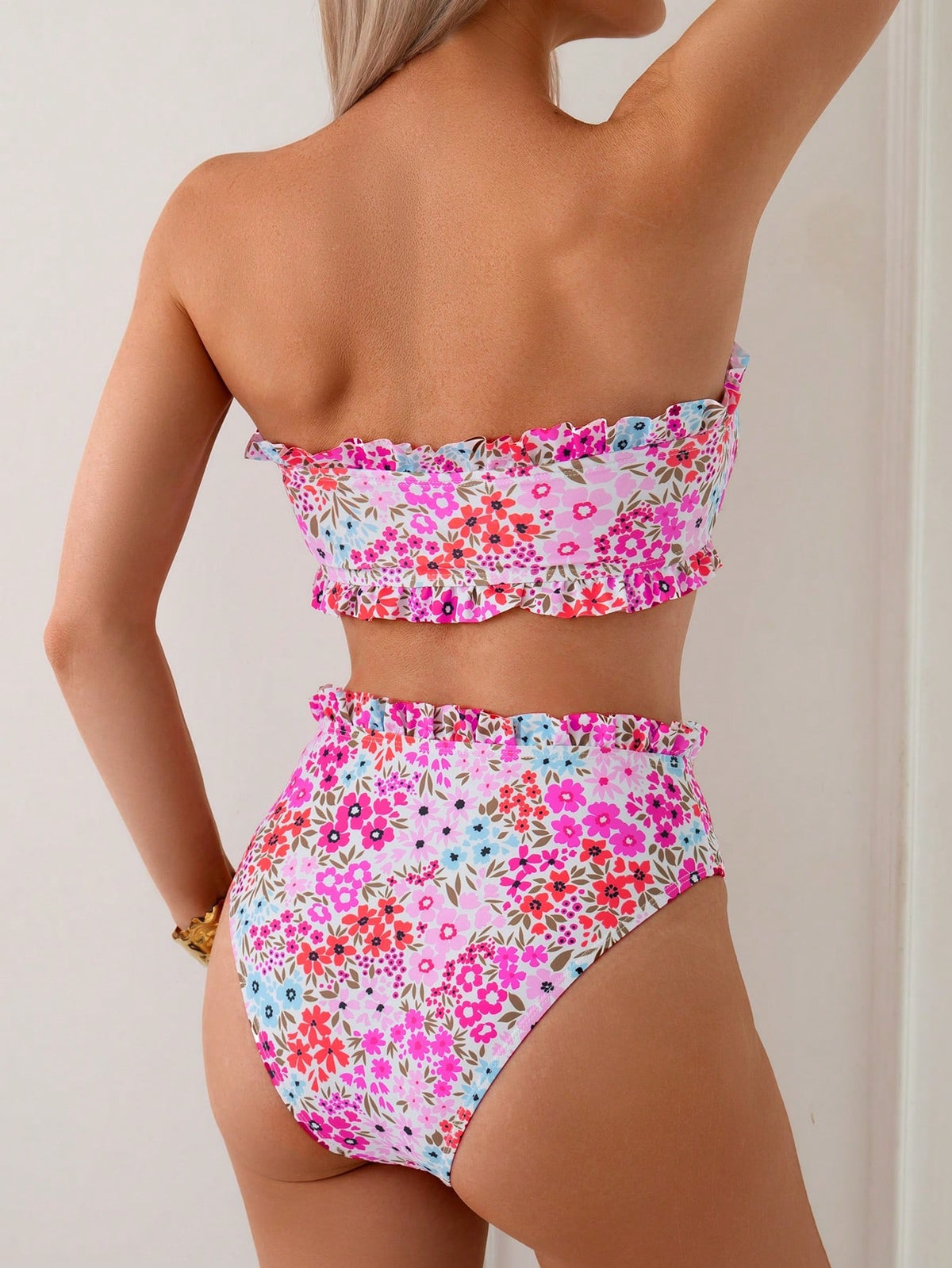 Swim Mod Spring Summer Beach Pool Party Ditsy Floral Knotted Front Frill Trim Bandeau Bikini 2 Pieces Set White And Blue Floral Tropical Cute