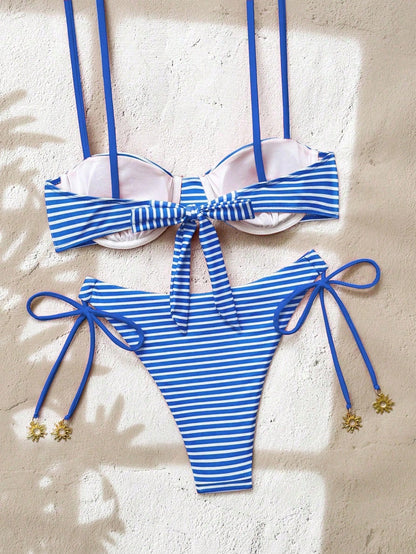 Swim Mod Summer Blue And White Striped Bikini Two Pieces Set,Conservative Strapless Padded Underwire Thong High-Cut Swimwear For Beach,Holiday,Resort,Party
