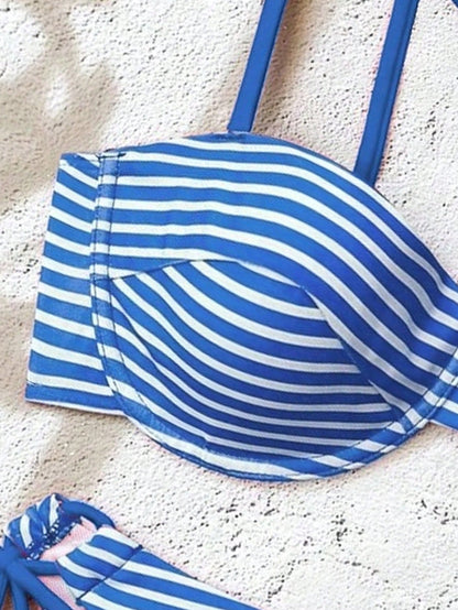 Swim Mod Summer Blue And White Striped Bikini Two Pieces Set,Conservative Strapless Padded Underwire Thong High-Cut Swimwear For Beach,Holiday,Resort,Party