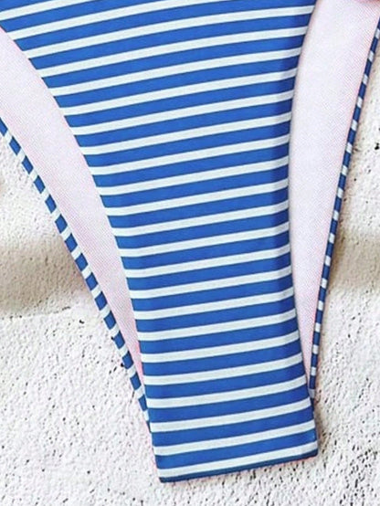 Swim Mod Summer Blue And White Striped Bikini Two Pieces Set,Conservative Strapless Padded Underwire Thong High-Cut Swimwear For Beach,Holiday,Resort,Party