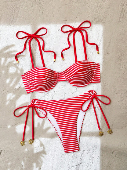 Swim Mod Summer Blue And White Striped Bikini Two Pieces Set,Conservative Strapless Padded Underwire Thong High-Cut Swimwear For Beach,Holiday,Resort,Party