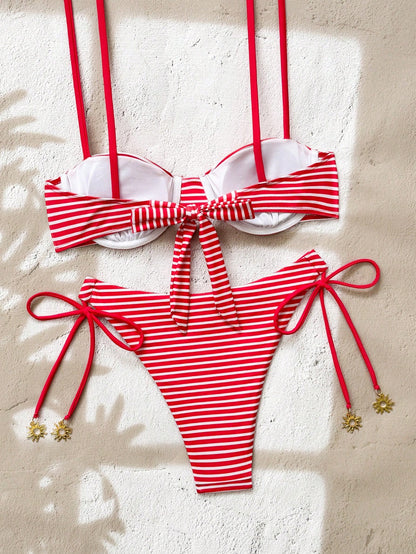 Swim Mod Summer Blue And White Striped Bikini Two Pieces Set,Conservative Strapless Padded Underwire Thong High-Cut Swimwear For Beach,Holiday,Resort,Party