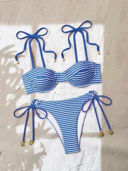 Swim Mod Summer Blue And White Striped Bikini Two Pieces Set,Conservative Strapless Padded Underwire Thong High-Cut Swimwear For Beach,Holiday,Resort,Party
