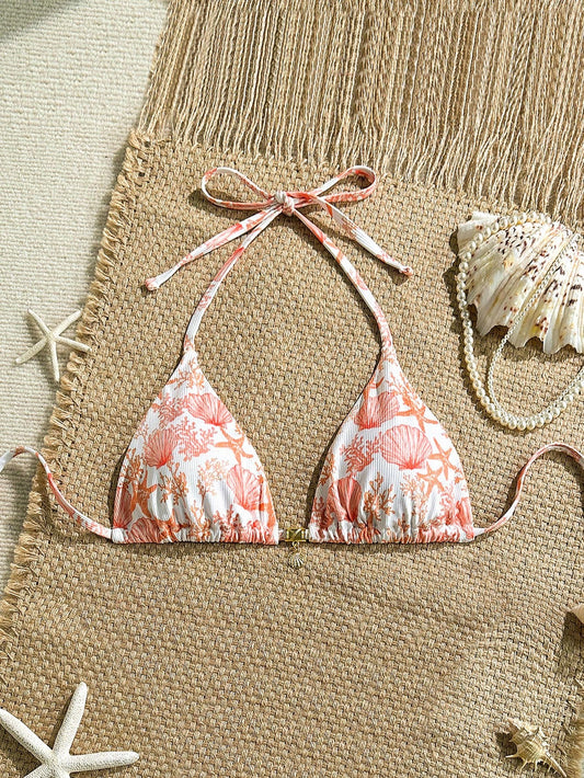 Swim Mod Summer Holiday Random Print Ribbed Textured Fabric Gold Shell Decor Halter Triangle Cup Sexy Swimwear Top Bathers Tropical
