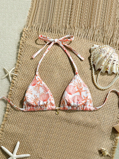 Swim Mod Summer Holiday Random Print Ribbed Textured Fabric Gold Shell Decor Halter Triangle Cup Sexy Swimwear Top Bathers Tropical