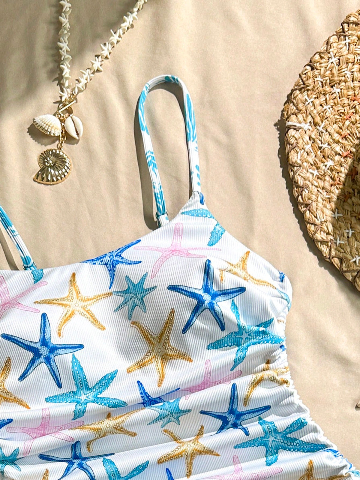 Swim Mod Summer Holiday Random Printed Ribbed Textured Fabric Spaghetti Strap Drawstring Side Sexy Monokini Swimsuit For Women Vacation