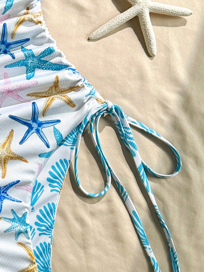 Swim Mod Summer Holiday Random Printed Ribbed Textured Fabric Spaghetti Strap Drawstring Side Sexy Monokini Swimsuit For Women Vacation