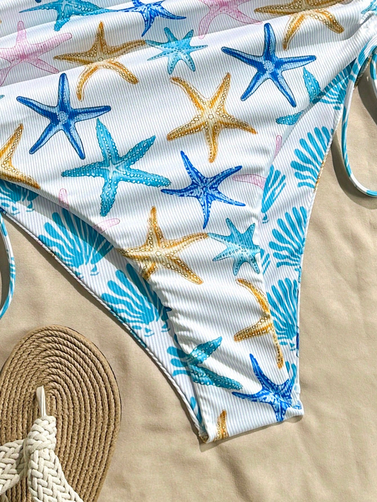 Swim Mod Summer Holiday Random Printed Ribbed Textured Fabric Spaghetti Strap Drawstring Side Sexy Monokini Swimsuit For Women Vacation