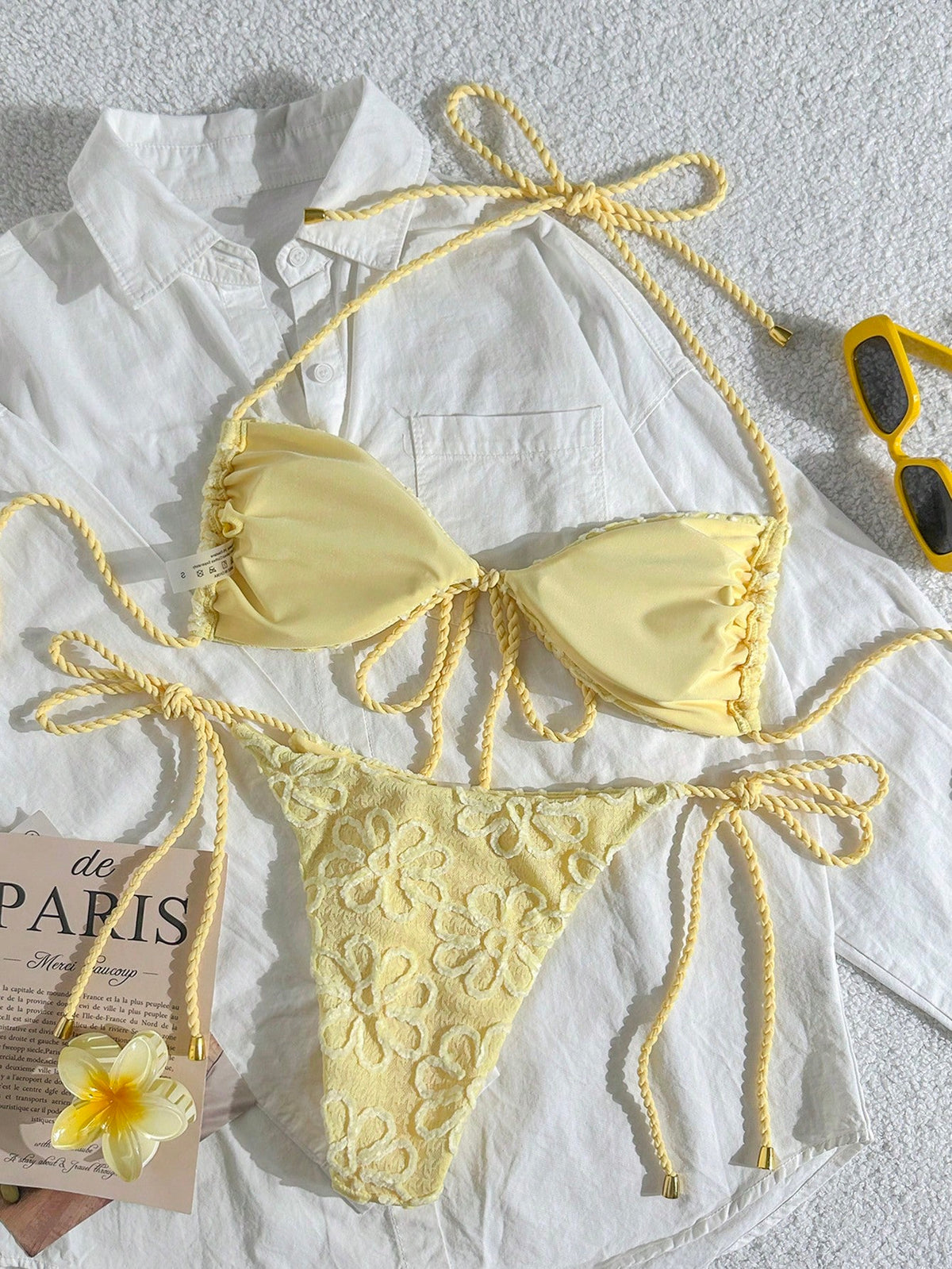 Swim Mod Women's 2-Piece Yellow Summer Boho Beach Vacation Holiday Holiday Bikini Set,Textured Fabric Rope Tie Crop Top,Side Drawstring Lace Swimwear Outfit