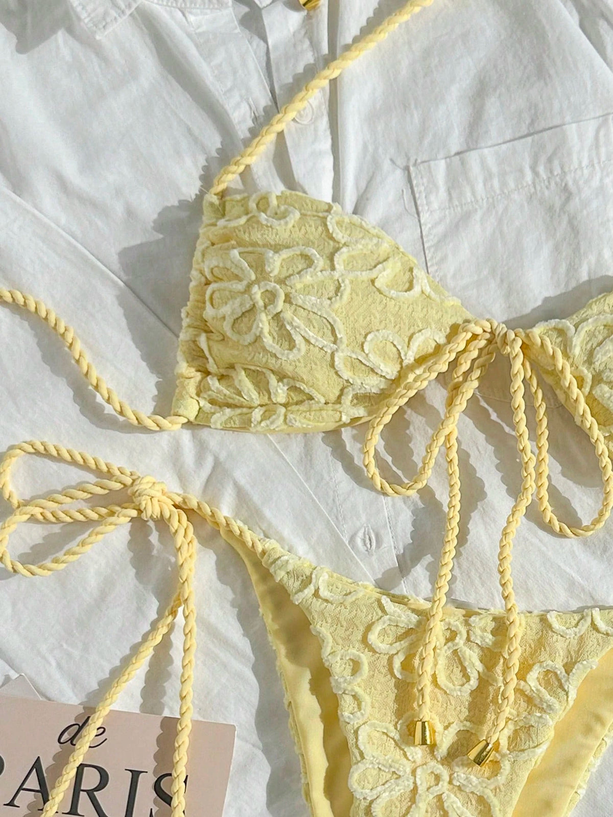 Swim Mod Women's 2-Piece Yellow Summer Boho Beach Vacation Holiday Holiday Bikini Set,Textured Fabric Rope Tie Crop Top,Side Drawstring Lace Swimwear Outfit