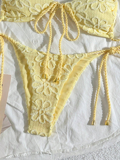 Swim Mod Women's 2-Piece Yellow Summer Boho Beach Vacation Holiday Holiday Bikini Set,Textured Fabric Rope Tie Crop Top,Side Drawstring Lace Swimwear Outfit