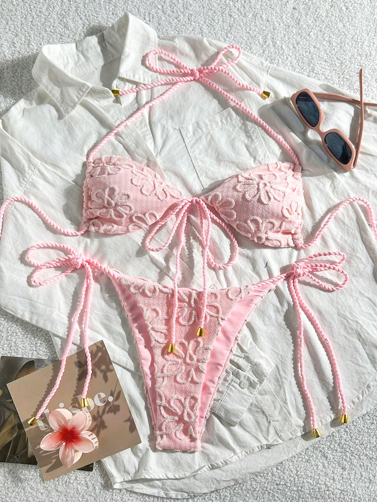 Swim Mod Women's 2-Piece Yellow Summer Boho Beach Vacation Holiday Holiday Bikini Set,Textured Fabric Rope Tie Crop Top,Side Drawstring Lace Swimwear Outfit