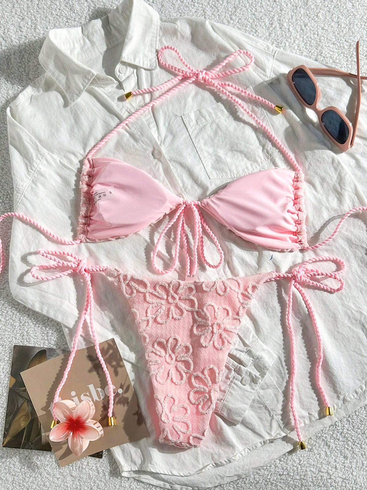 Swim Mod Women's 2-Piece Yellow Summer Boho Beach Vacation Holiday Holiday Bikini Set,Textured Fabric Rope Tie Crop Top,Side Drawstring Lace Swimwear Outfit