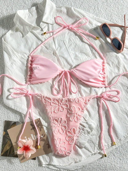 Swim Mod Women's 2-Piece Yellow Summer Boho Beach Vacation Holiday Holiday Bikini Set,Textured Fabric Rope Tie Crop Top,Side Drawstring Lace Swimwear Outfit