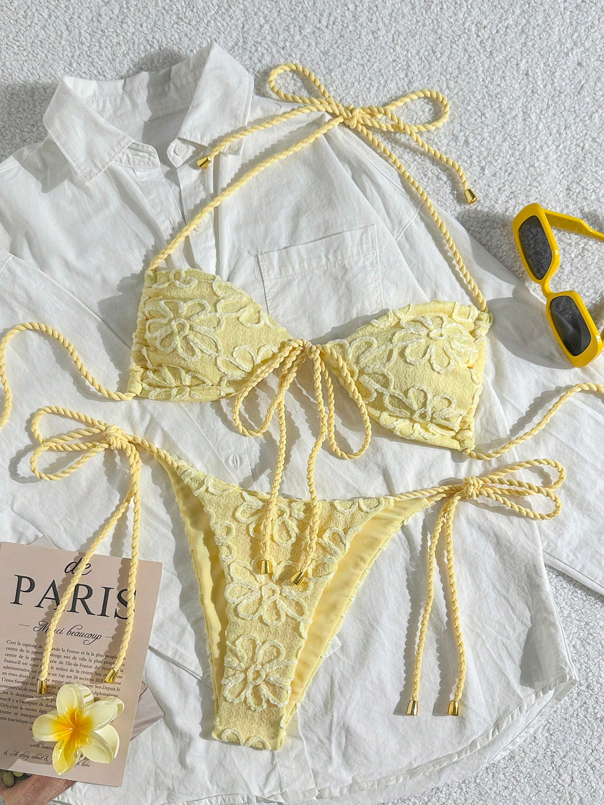 Swim Mod Women's 2-Piece Yellow Summer Boho Beach Vacation Holiday Holiday Bikini Set,Textured Fabric Rope Tie Crop Top,Side Drawstring Lace Swimwear Outfit