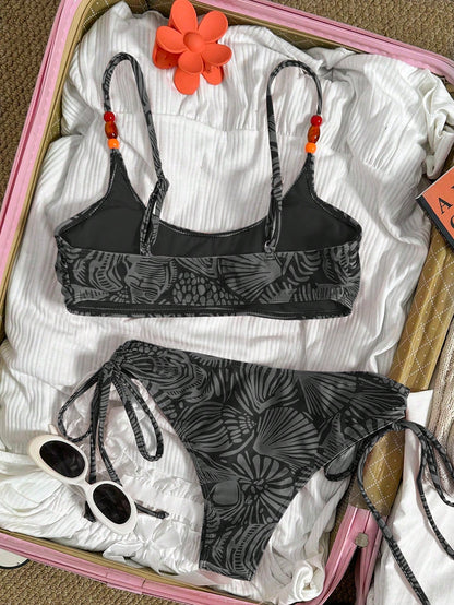 Swim Mod Women's Casual Vacation Beach Plant Print Bikini Two Pieces Swimwear