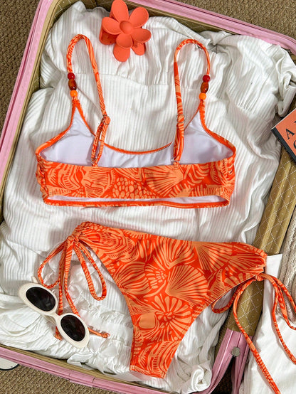 Swim Mod Women's Casual Vacation Beach Plant Print Bikini Two Pieces Swimwear