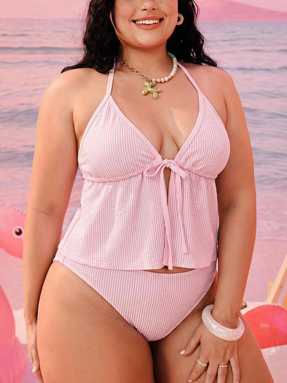 Swim Mod Women's Plus Size Textured Fabric Spaghetti Strap Front Tie Bikini Top For Vacation Beach