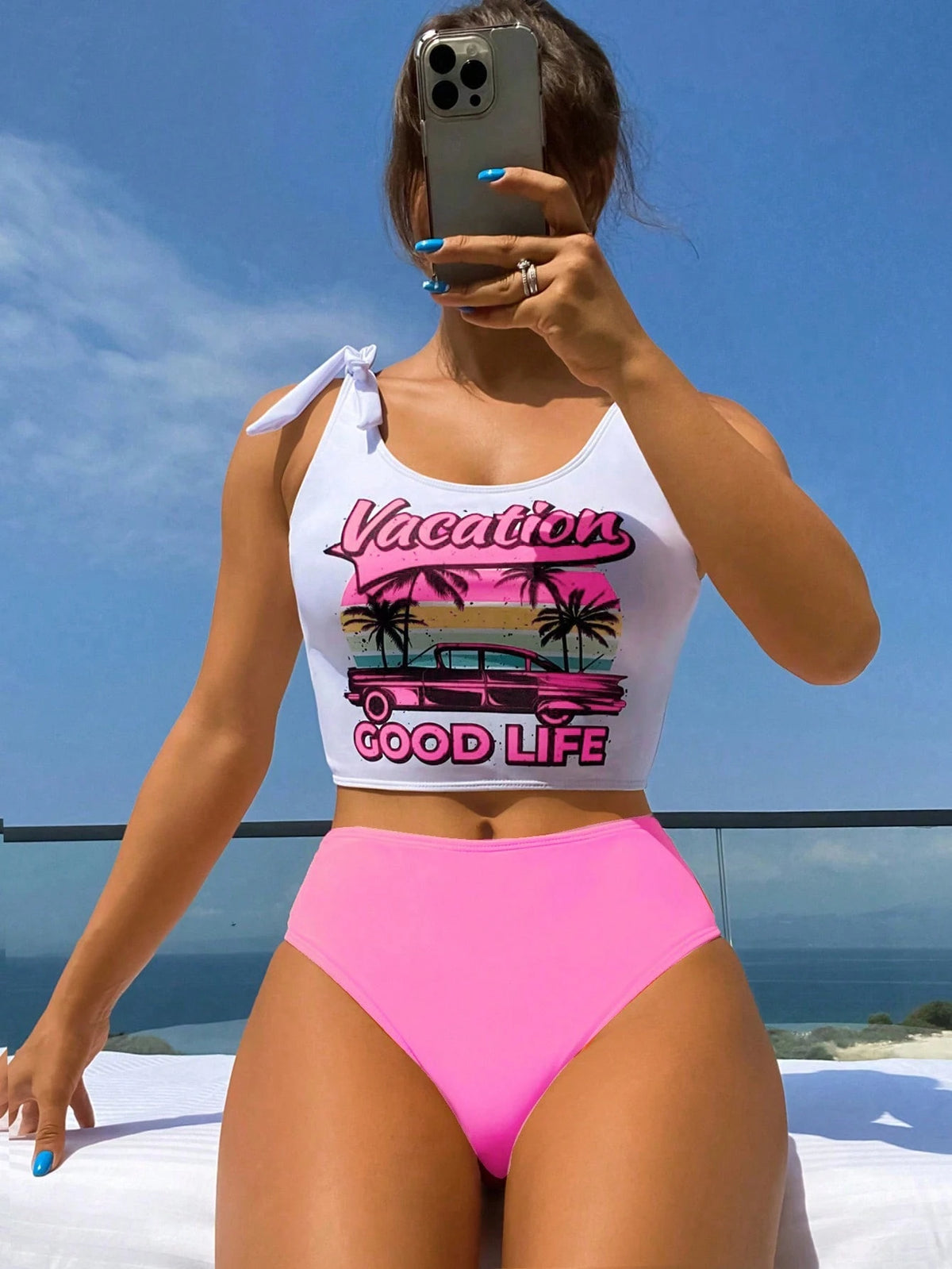Swim Mod Women's Summer Beach Letter & Palm Tree Print Tankini Swimwear Sets