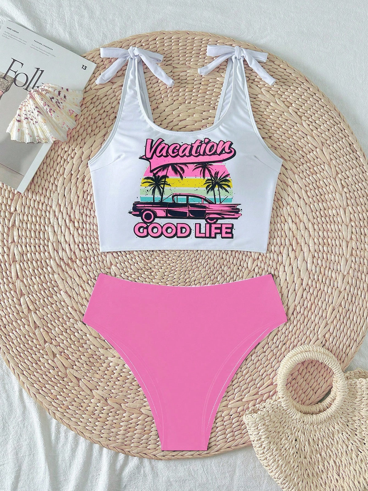Swim Mod Women's Summer Beach Letter & Palm Tree Print Tankini Swimwear Sets