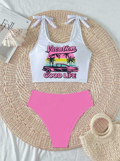 Swim Mod Women's Summer Beach Letter & Palm Tree Print Tankini Swimwear Sets