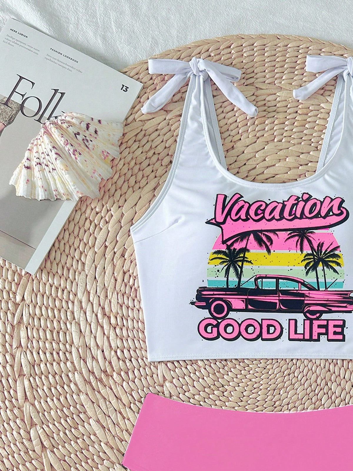 Swim Mod Women's Summer Beach Letter & Palm Tree Print Tankini Swimwear Sets