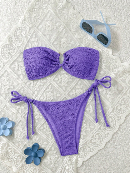 Swim Mod Women's Summer Beach Solid Color Bandeau Tie Sexy Bikini Swimwear Set
