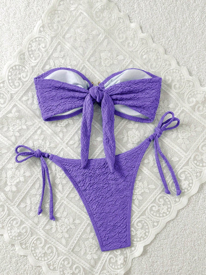 Swim Mod Women's Summer Beach Solid Color Bandeau Tie Sexy Bikini Swimwear Set